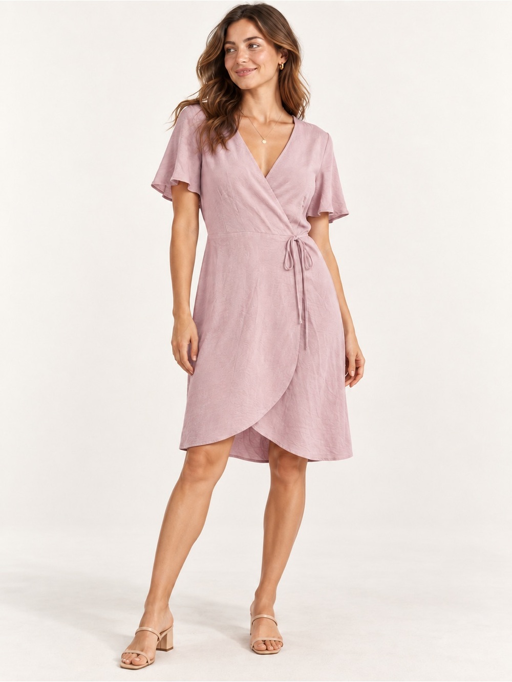Monteau Los Angeles Size XL Blush Pink Wrap Dress Flutter Sleeve Tie Waist